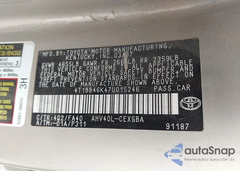2007 Toyota Camry Hybrid z USA, uszkodzony, nr VIN 4T1BB46K47U015246
